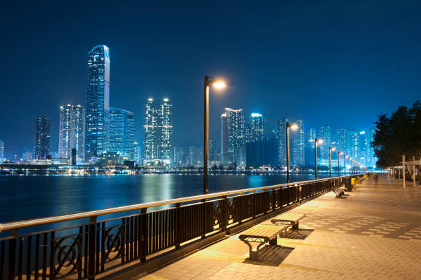 Seaside Promenade of Harbor in Hong Kong city stock photo