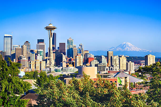 Seattle and Mount Rainier Seattle and Mount Rainier mt rainier stock pictures, royalty-free photos & images