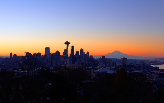 A view of downtown Seattle as the sun rises. 