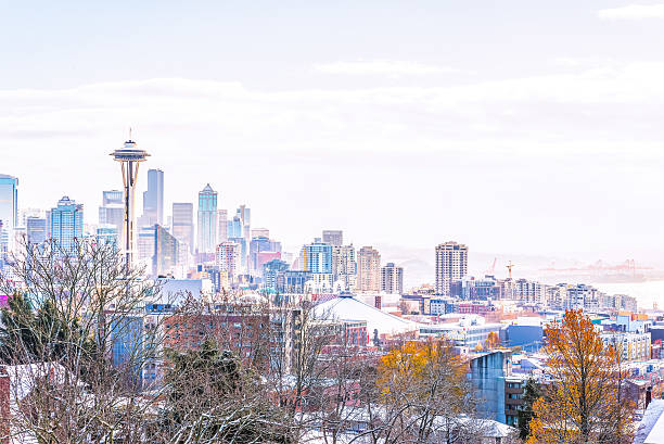 Seattle city scape with snow coverd. stock photo