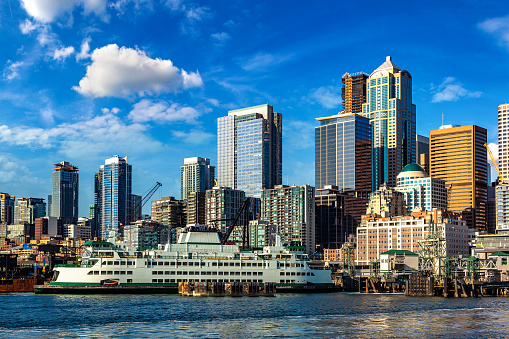 Panoramic view of Seattle cityscape at Elliott Bay in a sunny day, Washington, USA
