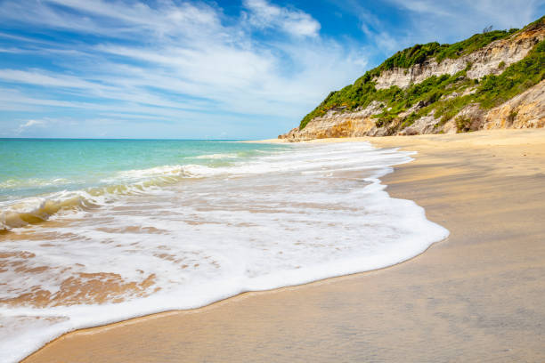 Secluded sand beach in Porto Seguro praia do espelho beach, Bahia, Brazil stock photo