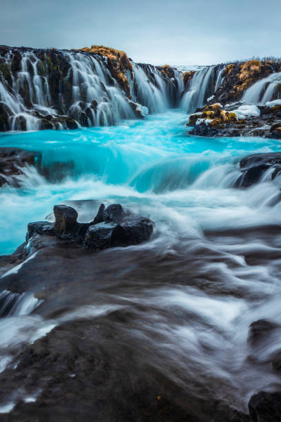 Secret Bruarfoss waterfall in winter Iceland stock photo