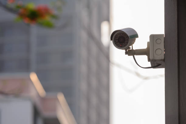 CCTV security camera monitoring any events in building. stock photo