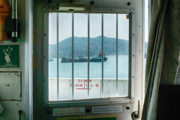 Security Door on Navigation Bridge of a Motor Tanker Vessels at Anchorage stock photo