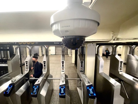 New York, NY  USA - May 14, 2021: New York City, Turnstiles and Surveillance Camera in New York Subway Station
