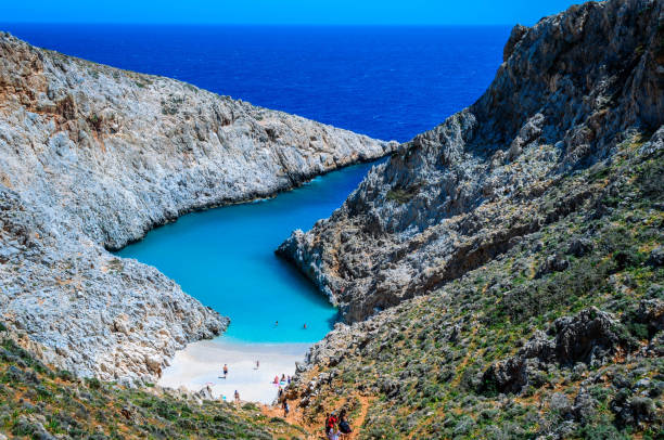 Seitan limania or Agiou Stefanou, the heavenly beach with turquoise water.Chania, Akrotiri, Crete. stock photo