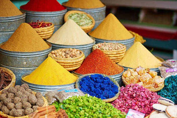 Selection of spices on a Moroccan market Selection of spices on a traditional Moroccan market (souk) in Marrakech, Morocco souk stock pictures, royalty-free photos & images