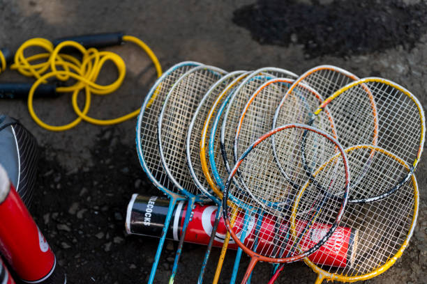 selective focus on a racket and sports gear stock photo