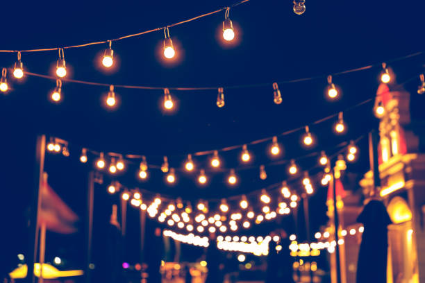 Selective focus on Light bulbs and  bokeh background with effect filter, Abstract background, vintage tone at night light festival. Selective focus on Light bulbs and  bokeh background with effect filter, Abstract background, vintage tone at night light festival. night market stock pictures, royalty-free photos & images