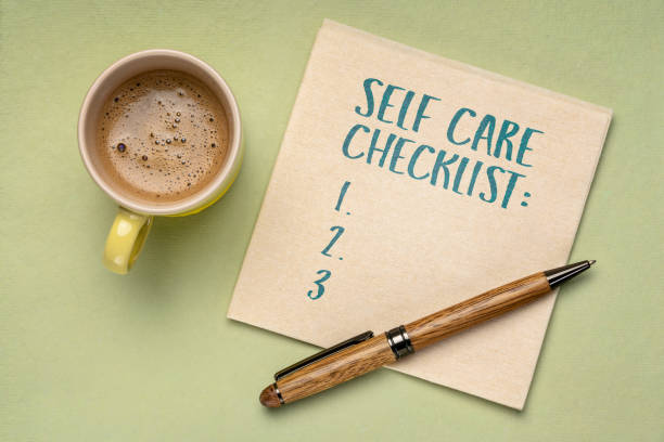 self care checklist on napkin stock photo