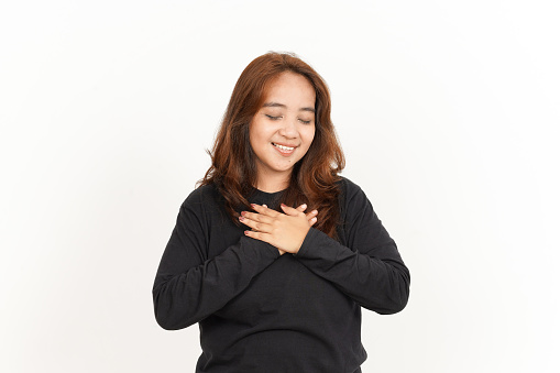Self Love Gesture Of Beautiful Asian Woman Wearing Black Shirt Isolated On White Background