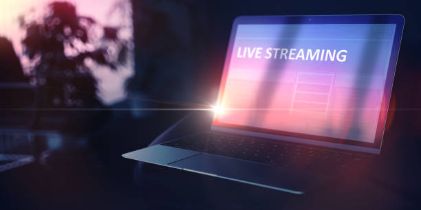 Self-development Concept. Live Streaming on Notebook. 3D. Live Streaming on Modern Portable Laptop. Personal Growth Concept. 3D Illustration. live streaming stock pictures, royalty-free photos & images