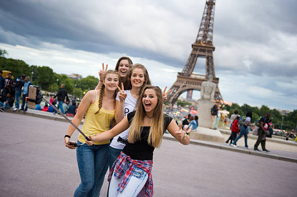 Selfie with Eiffeltower stock photo