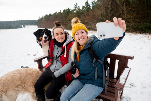 A medium close-up view of a female couple who are dog walkers stopping to take a selfie on one of their mobile phones of them and the dogs that they are looking after. They are dressed in warm clothing and smiling as they take a picture of themselves.