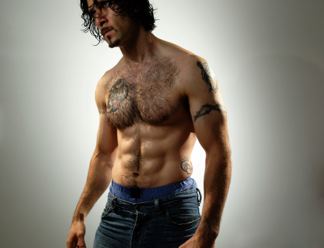 Naked Muscular Man Wearing Only Jeans Stock Photo - Image 