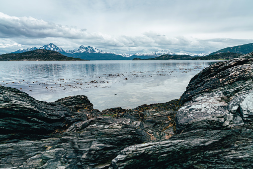 Senda costera trailhead in Tierra del Fuego. Beagle Channel in the background.