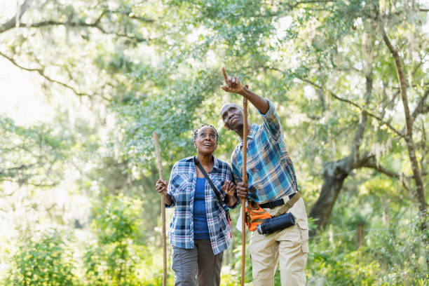 senior afroamerikansk par vandring, utforska - fågelskådning bildbanksfoton och bilder