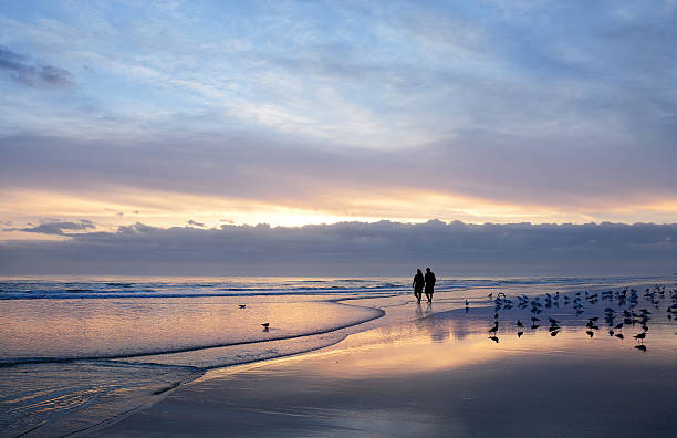 Senior couple holding hands enjoying time on beach at sunrise. stock photo