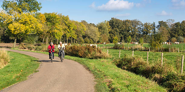 senior couple on a bicycle - pensioen nederland stockfoto's en -beelden