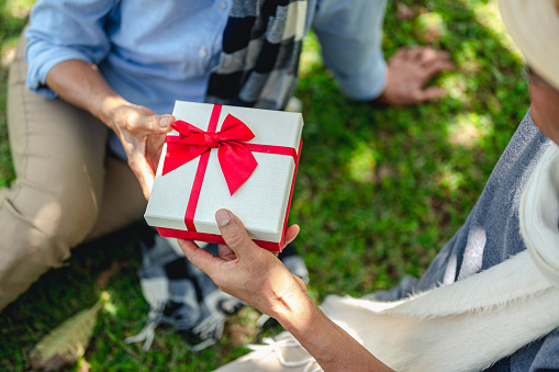 Senior, couples, retirement, insurance, elderly, lifestyle concept.
Senior couples  Give gifts on the occasion of the wedding anniversary, at the outdoor lawn in the morning about life insurance plans with a happy retirement concept.