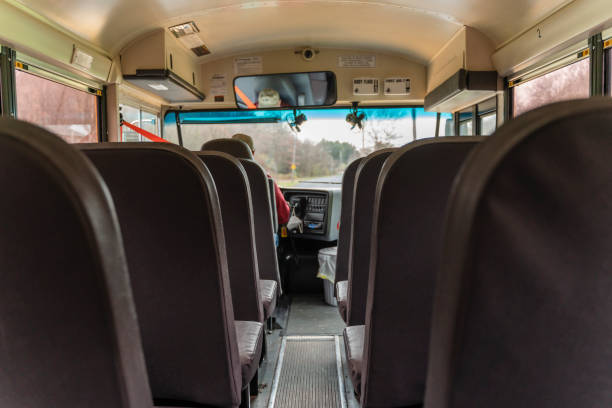 Senior man, the bus driver, driving a school bus. The rear view from the car between the seats row. School bus driver at work school bus driver stock pictures, royalty-free photos & images