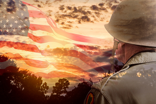 Senior Usa Army Soldier Overlay Sunset American Flag Stock Photo