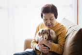 年配の女性と自宅で犬