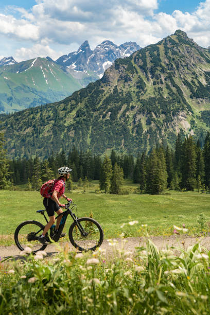 senior woman on elelectric mountain bike in the Allgaeu Alos near Oberstdorf nice senior woman on mountain bike climbing up Mount Fellhorn in the Allgaeu High Alps with Trettach and Maedelegabel in background, Allgau, Bavaria, Germany, landscape allgau alps stock pictures, royalty-free photos & images