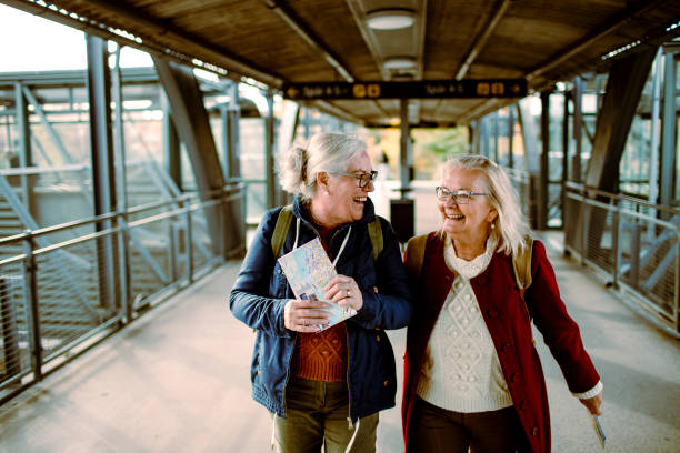 Seniors at a Train station stock photo