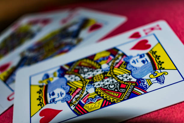 A sequence of jack, queen, king close view of hearts playing card. stock photo