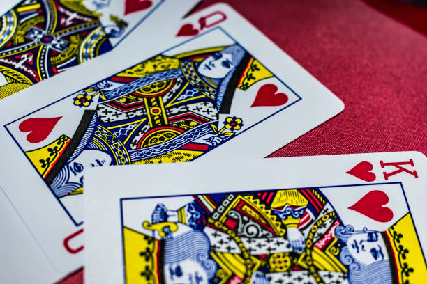 A sequence of jack, queen, king close view of hearts playing card. stock photo