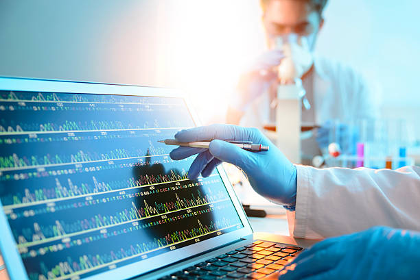DNA Sequence A scientist looking at a DNA sequence genetic research photos stock pictures, royalty-free photos & images