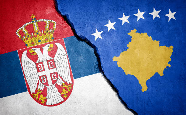 Serbia and Kosovo conflict. Serbia and Kosovo conflict. Country flags on broken wall. Illustration. 1991 stock pictures, royalty-free photos & images