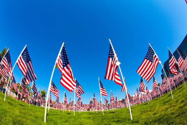 Series: Field of American flags Large group of American flags in a field on a bright sunny day in Utah. Shot taken with Canon 5D Mark ll. memorial day background stock pictures, royalty-free photos & images