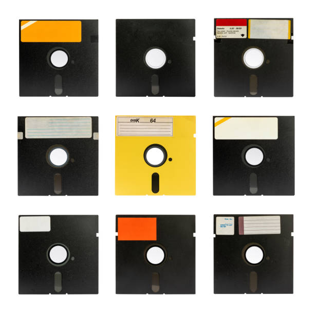Series of old retro floppy disks 5.25 on a white background stock photo
