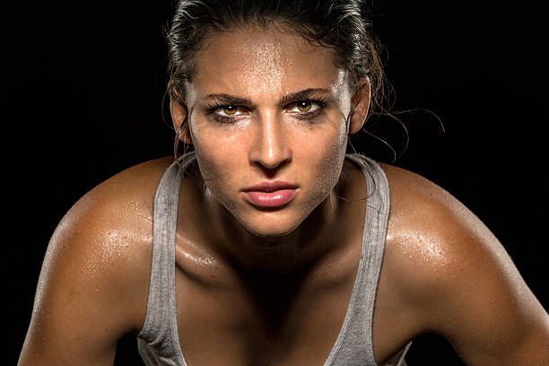 Serious confident stare athlete wrestler exercise trainer conviction focused powerful stock photo