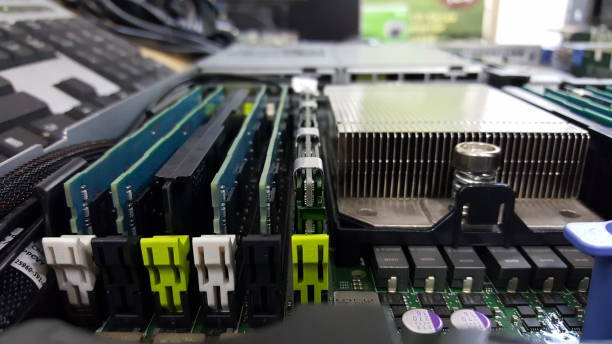 Server inside computer, motherboard rams and fans stock photo