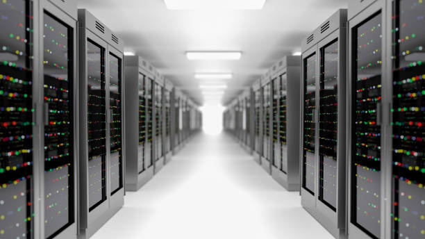 Server room data center. Backup, hosting, mainframe, farm and computer rack with storage information. Server racks in server room cloud data center. Datacenter hardware cluster. Backup, hosting, mainframe, farm and computer rack with storage information. 3D rendering. 3D illustration byte stock pictures, royalty-free photos & images