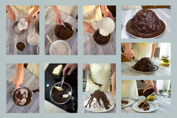 Set of 9 photos. The process of making chocolate glaze. Step by step. stock photo