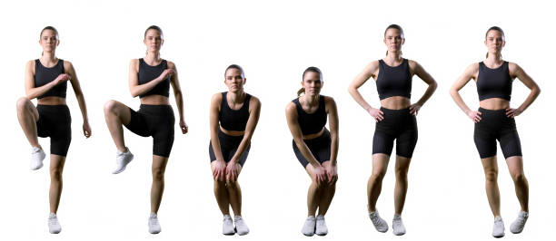 Set of active female runner warming up legs, ankles and hips exercises. Set of active female runner warming up legs, ankles and hips exercises. Full body isolated on white background. ankle rotation stock pictures, royalty-free photos & images