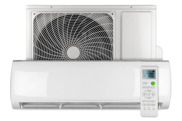 set airconditioner ac inverter warmtepomp mini split systeem met indoor buitenunit en afstandsbediening geïsoleerde witte achtergrond - warmtepomp stockfoto's en -beelden