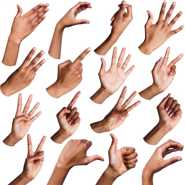 set of black female hands showing symbols - isolated hand imagens e fotografias de stock