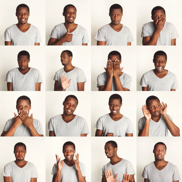 Set of black man's portraits with different emotions Young african-american man emotional faces, expressions set: happy, thoughtful, frightened, angry, pensive, disappointed man over white studio background facial expression stock pictures, royalty-free photos & images