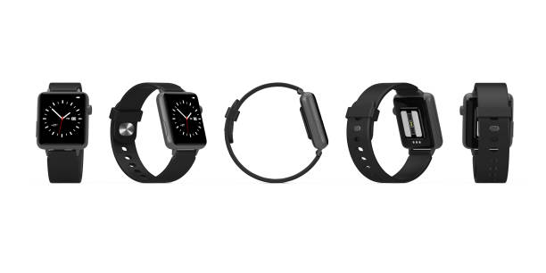 Set of Black Modern Smart Watch Mockup with Strap in Different Position. 3d Rendering stock photo