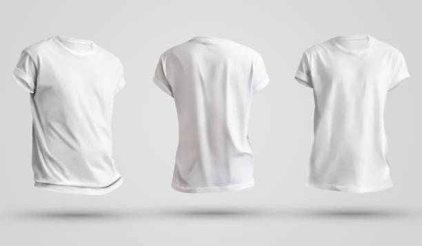 Set of blank men's t-shirts with shadows, front and back view. Design template on a white background. stock photo