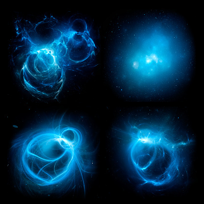 Set of blue glowing plasma energy objects on black space, computer generated abstract 3D rendering