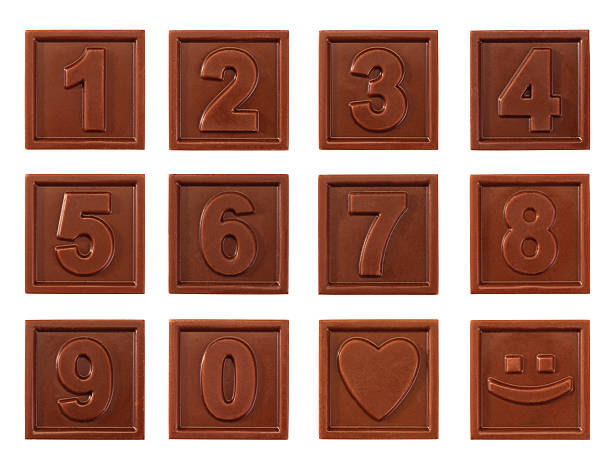 set of chocolate numbers and smiley face - chocoletter stockfoto's en -beelden