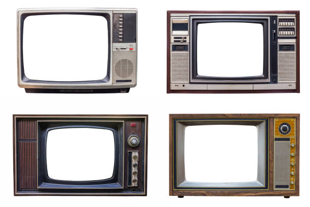 conjunto de televisión antiguo estilo retro vintage clásico con la pantalla cortada, tv viejo aislado sobre fondo blanco - televisión fotografías e imágenes de stock