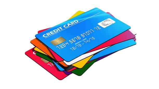 conjunto de tarjetas de crédito aisladas sobre fondo blanco - pile of credit cards fotografías e imágenes de stock
